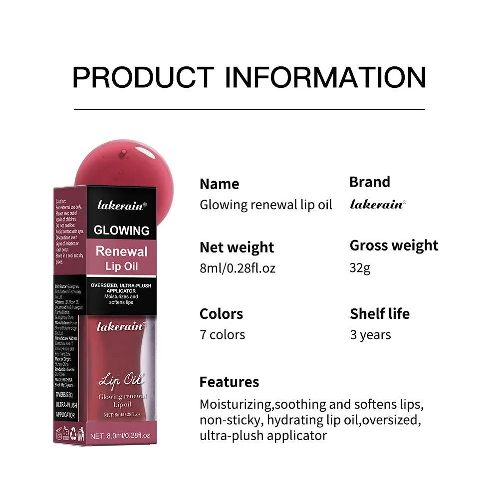 8ml lip oil in seven colour options: coral, clear, honey, jam, pink, red and rose