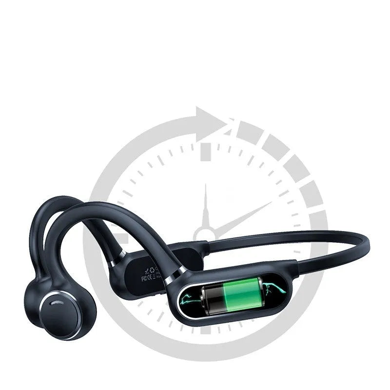 Black air conduction Bluetooth wireless earphone with a flexible titanium alloy frame and touch controls.