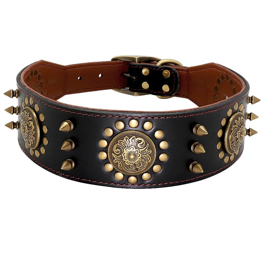 Real leather stud dog collar in brown with metal spikes for large pitbull and bulldog breeds