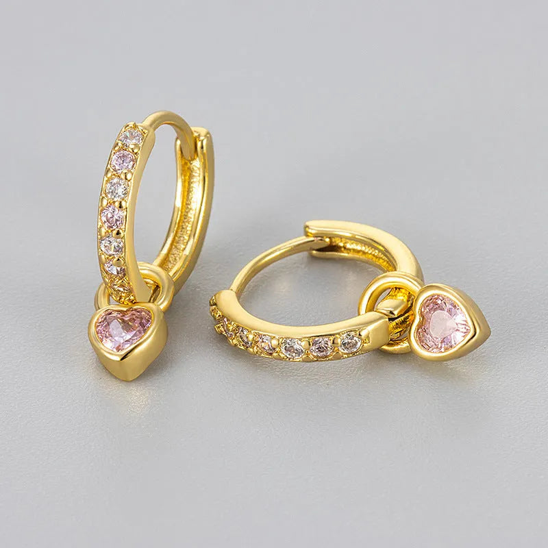Women's heart-shaped drop earrings with colourful stone in gold or white gold tone setting