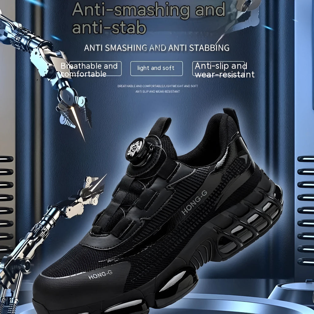 Lightweight black work safety shoes with a steel toe cap, Flyknit upper, and front laces on a grey background.