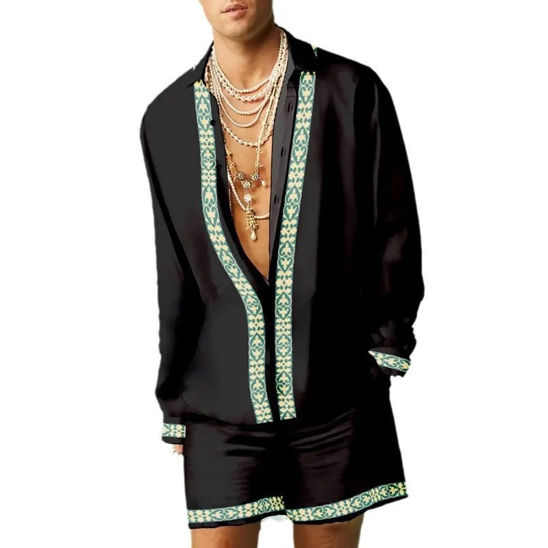 Men's casual summer shirt and shorts two-piece set in a colour matching pattern.