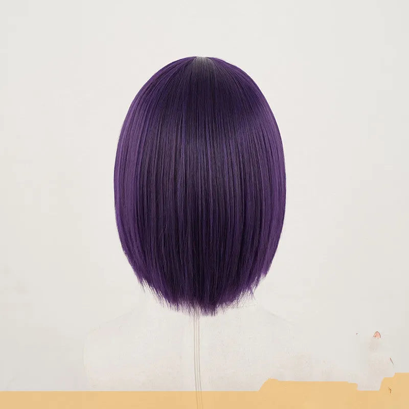 Short purple cosplay wig on mannequin head with high temperature silk fibre and rose net inner cap