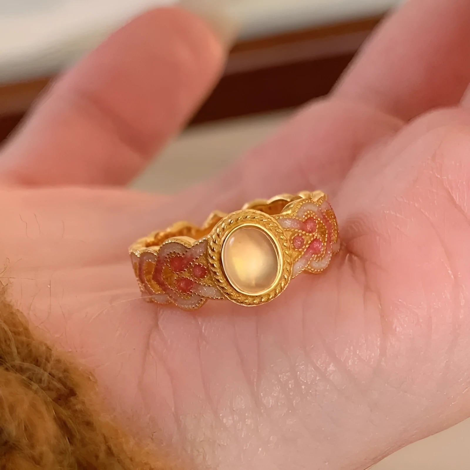 Pink crystal enamel geometric open ring with gold-plated copper adjustable design