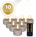 Four taupe LED tealight candles with realistic 3D flame effect on dark surface