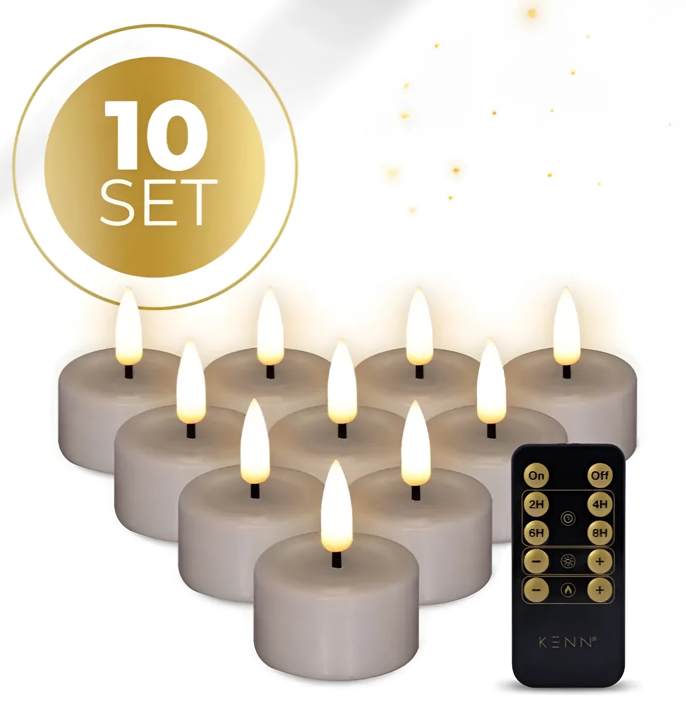 Four taupe LED tealight candles with realistic 3D flame effect on dark surface