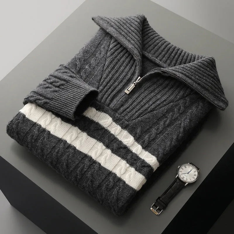 Thickened zipper lapel high collar loose sweater in dark gray with raglan sleeves, front view on model