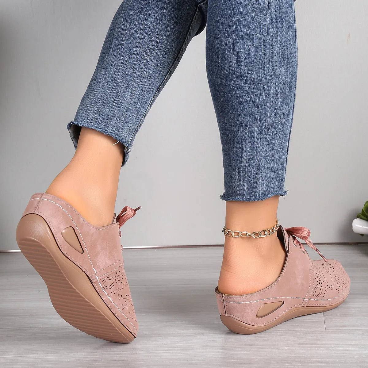 Women's lace-up baotou slippers with hollow-out wedge design in suede and rubber materials