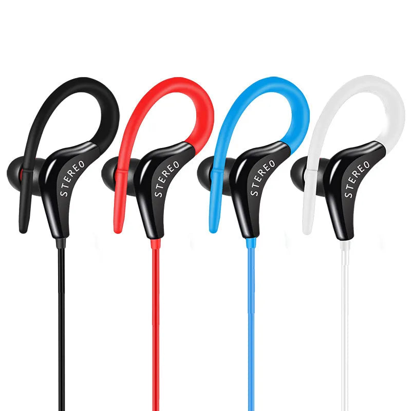 Black earhook sport headphones with a 1.2 metre cable, in-line microphone, and 3.5mm audio plug.