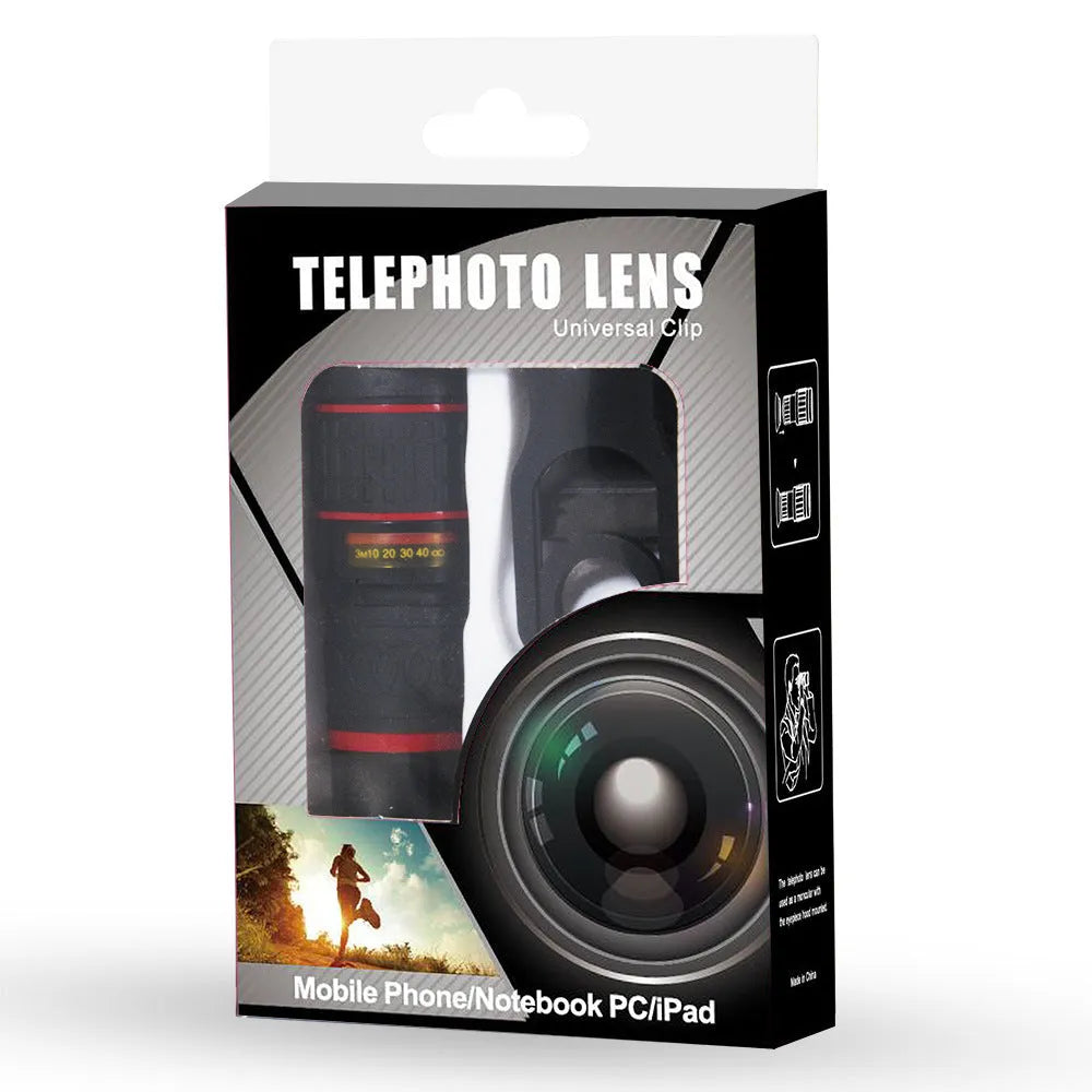 20x magnification cell phone telescope lens with universal clip and single eye mask on a smartphone.
