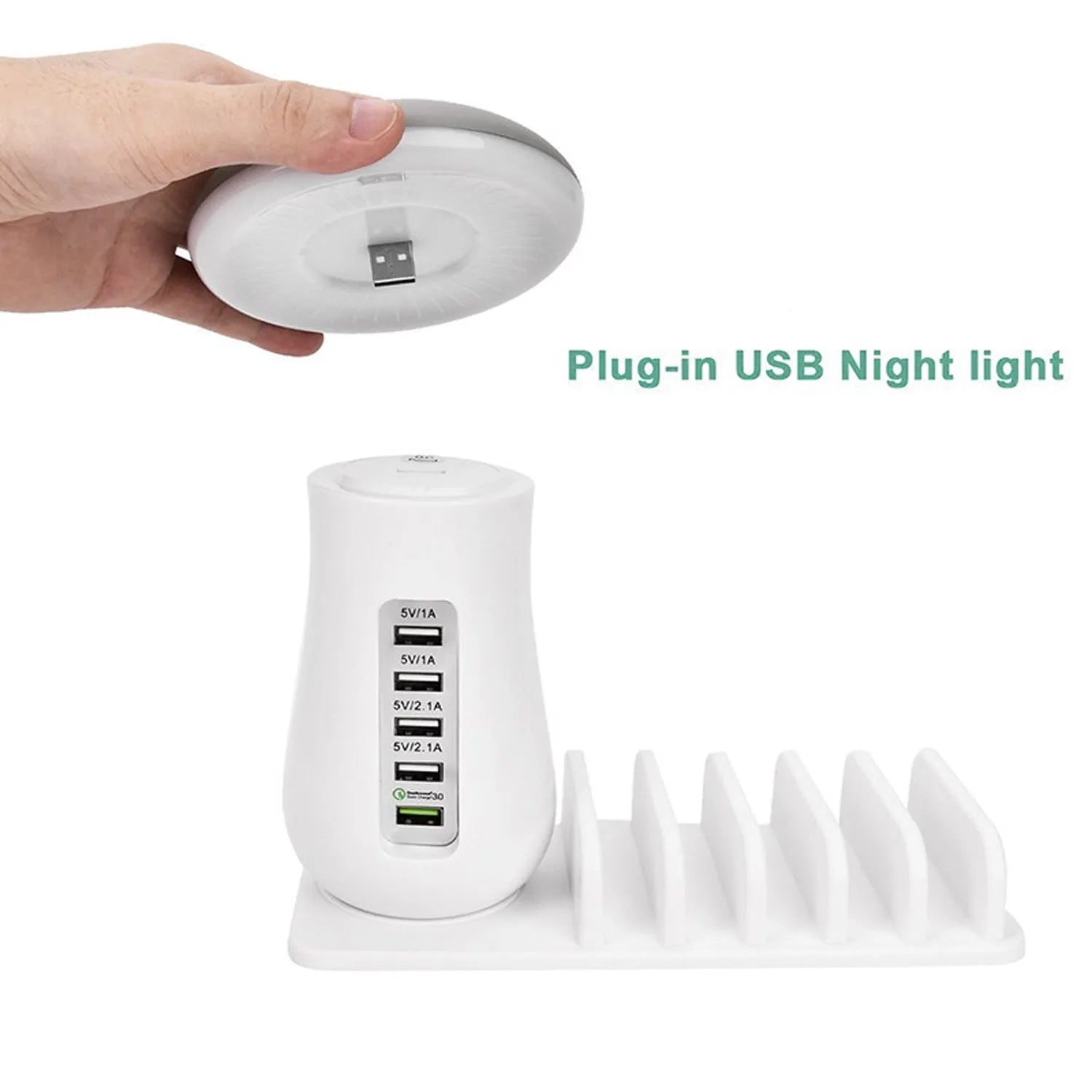 White USB charging station with five ports and mushroom-shaped LED desk lamp for multi-device charging