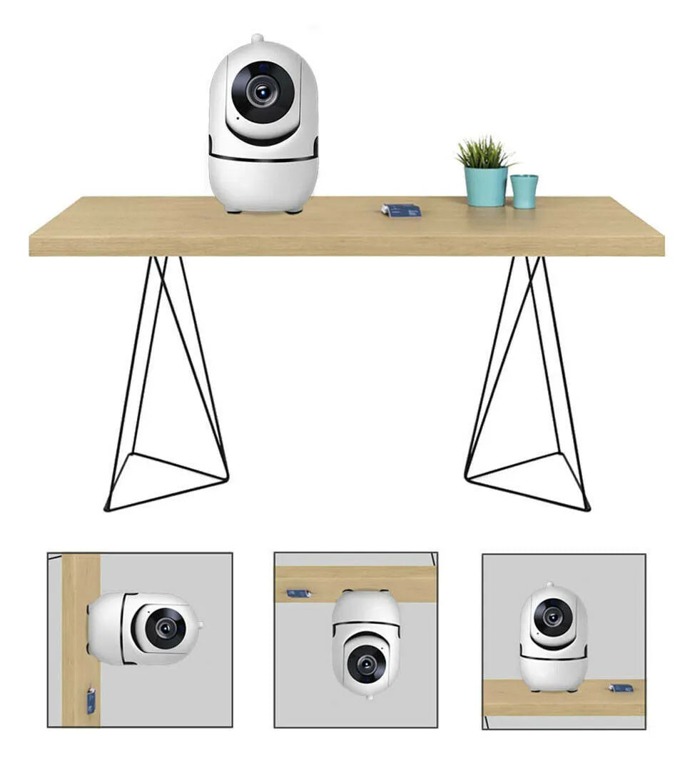 White WiFi CCTV IP camera with 1080P HD, 355° pan, 90° tilt, night vision and two-way audio, 160x69mm