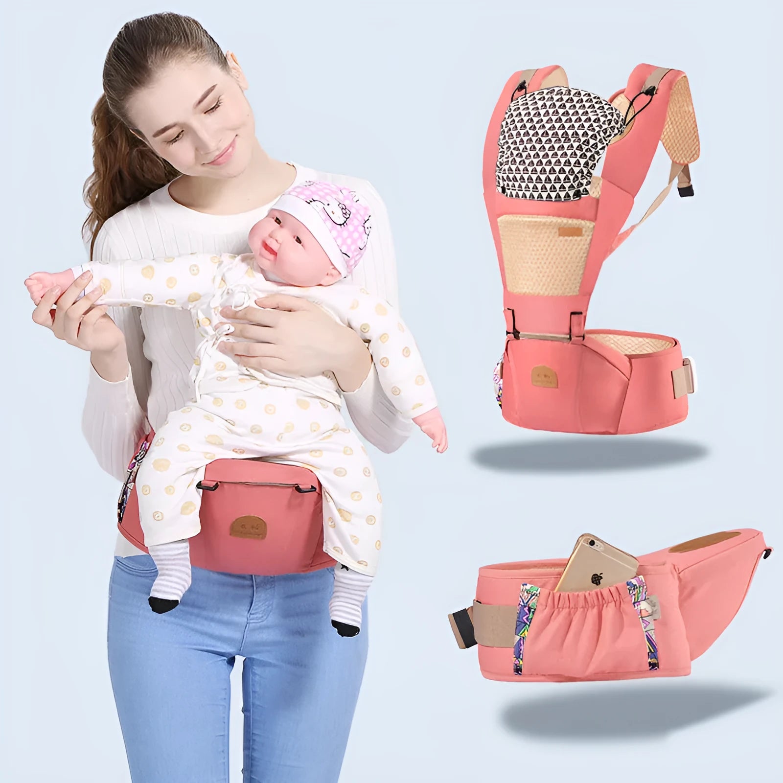 Multifunctional shoulder baby carrier in brick red colour showing sling design and shoulder straps