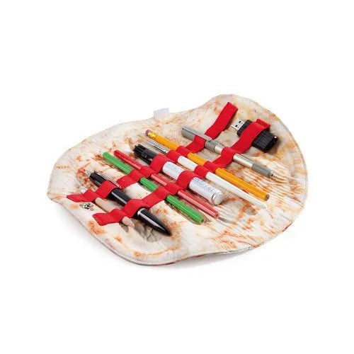 Fabric simulation burrito pencil case in clay oven rolls style, 22cm square, on a desk with pens inside