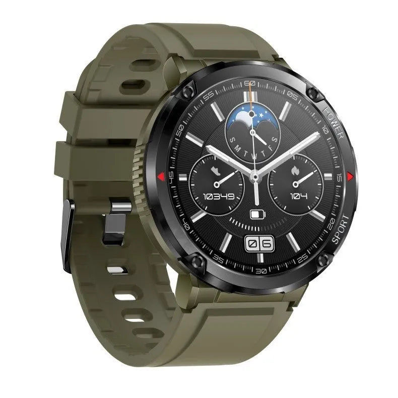T30 Smart Watch with black silicone strap showing Bluetooth calling and health metrics on IPS screen.