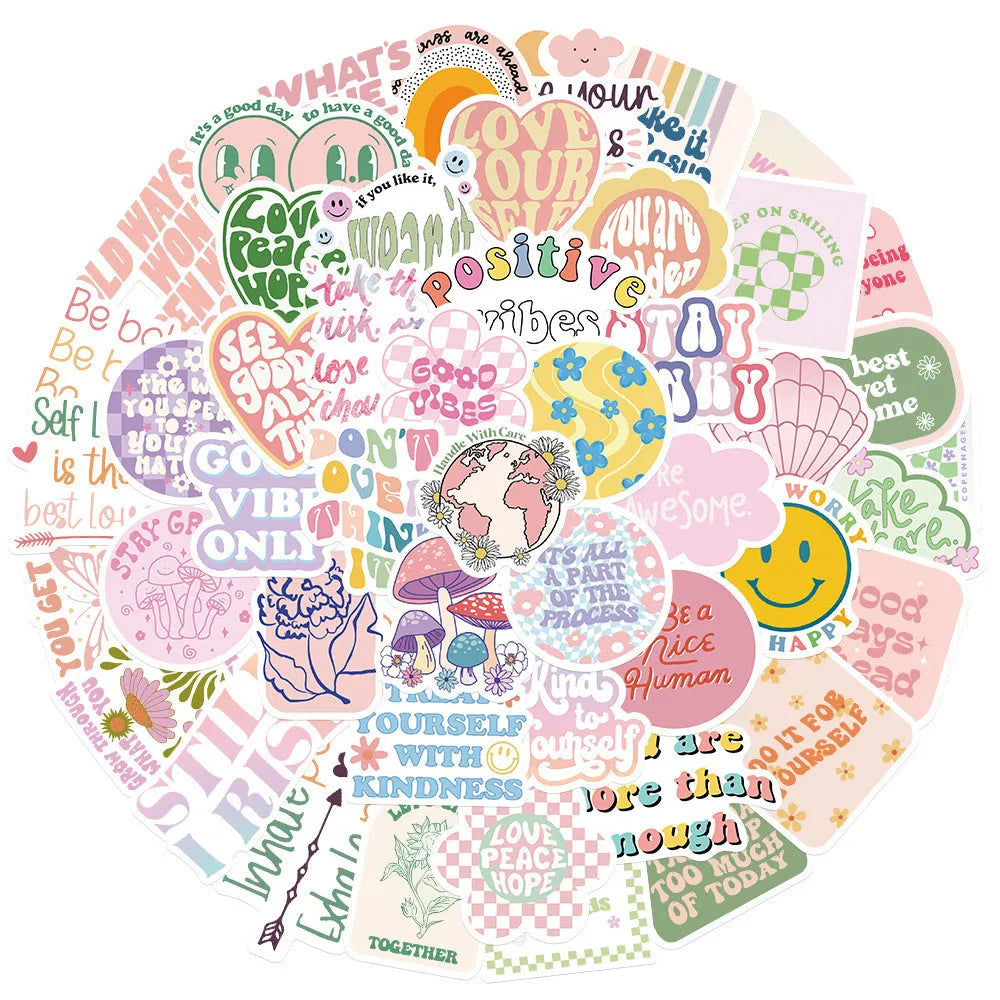 Danish pink motivational vinyl stickers with cartoon and graffiti designs, 4-6cm in size, for laptops and luggage.