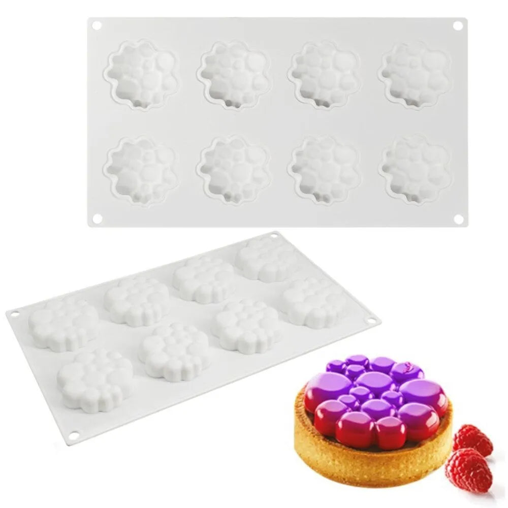 Round silicone cake mould with 8 bubble pattern design for baking and dessert preparation
