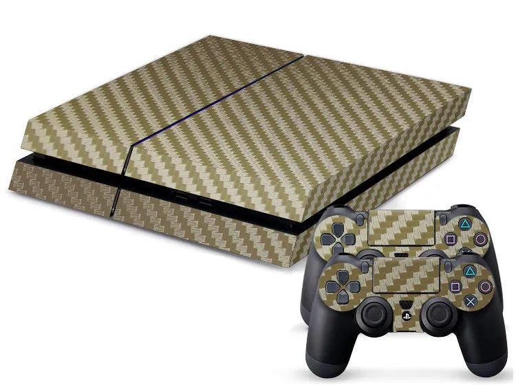 PS4 carbon fibre sticker skin set showing Black, Gold, Grey, and White colour options