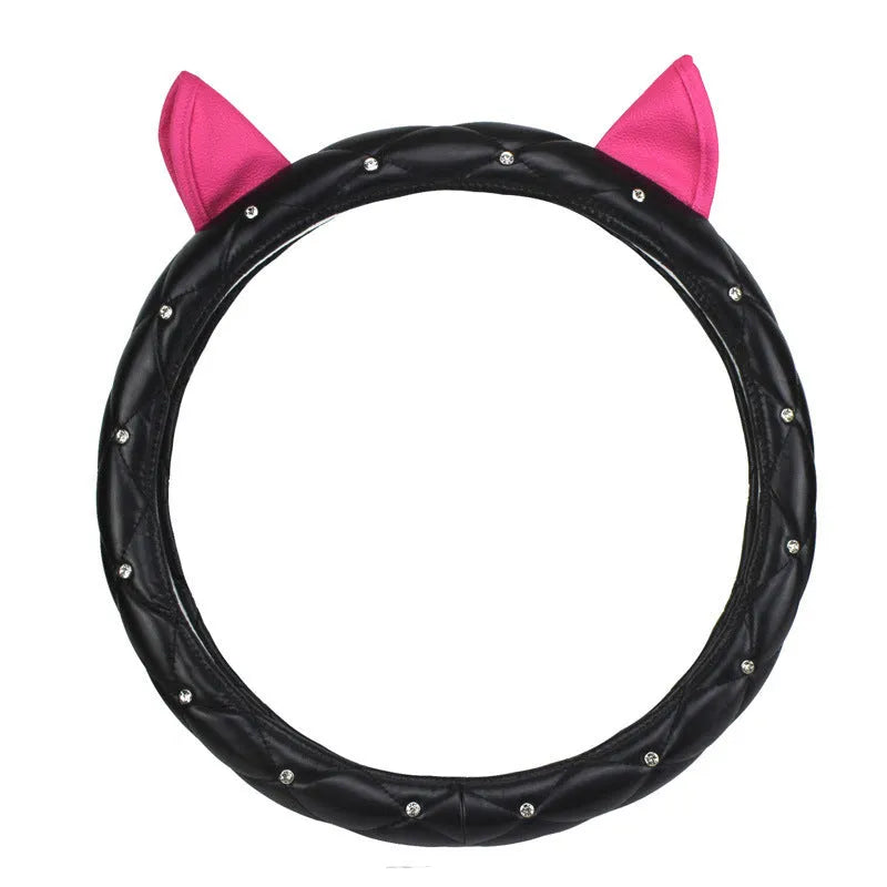 PU leather steering wheel cover with rhinestones, super cute ear series, 36cm or 38cm, in black or rose red