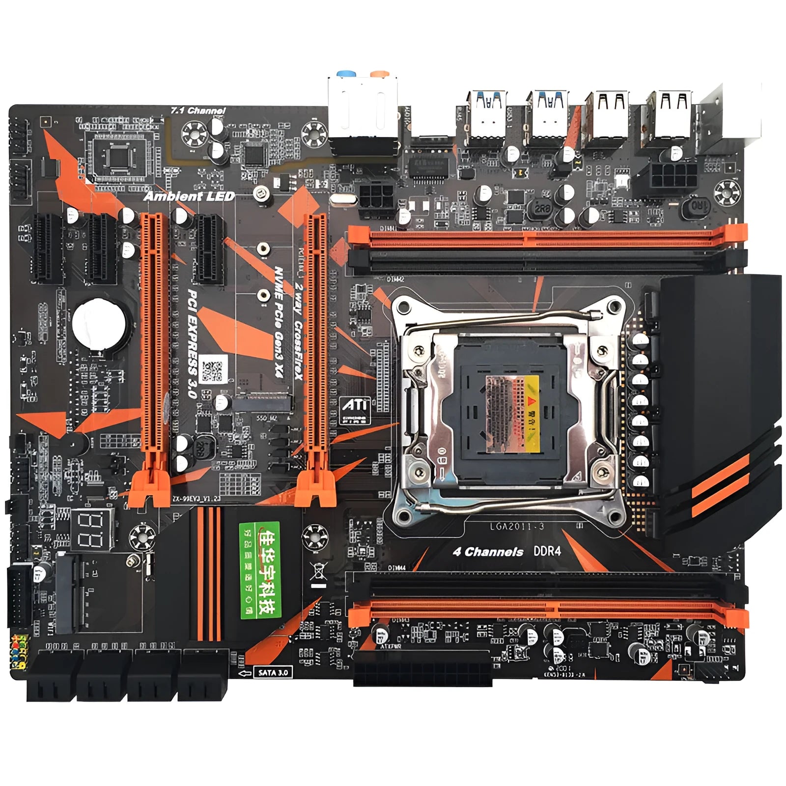 Black X99 chipset computer motherboard with LGA2011-3 socket, four DDR4 RAM slots, and two PCI-E x16 slots.