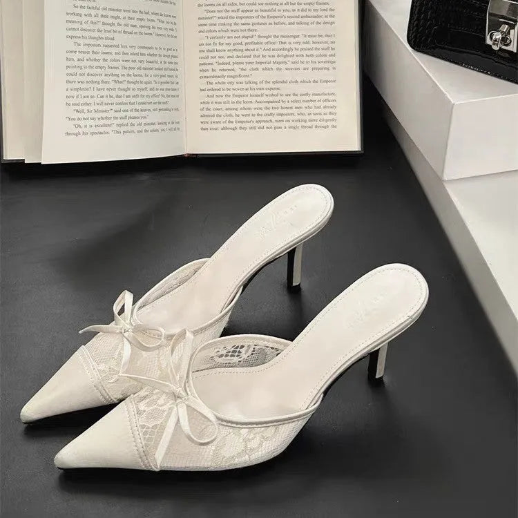 Women's lace and bowknot pointed toe high heels in mesh with microfiber lining