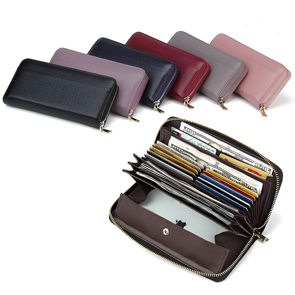 Women's long genuine leather wallet in six colour options showing storage compartments