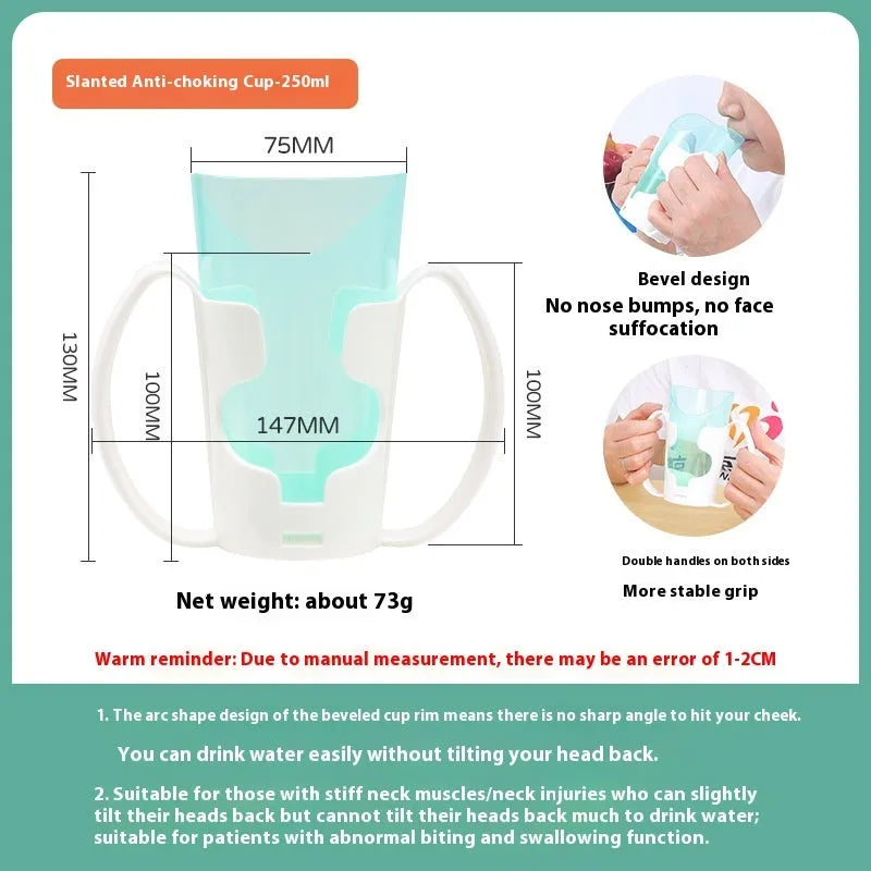 Adult choke-proof drinking cup with handle and slanted lid for bedside use.