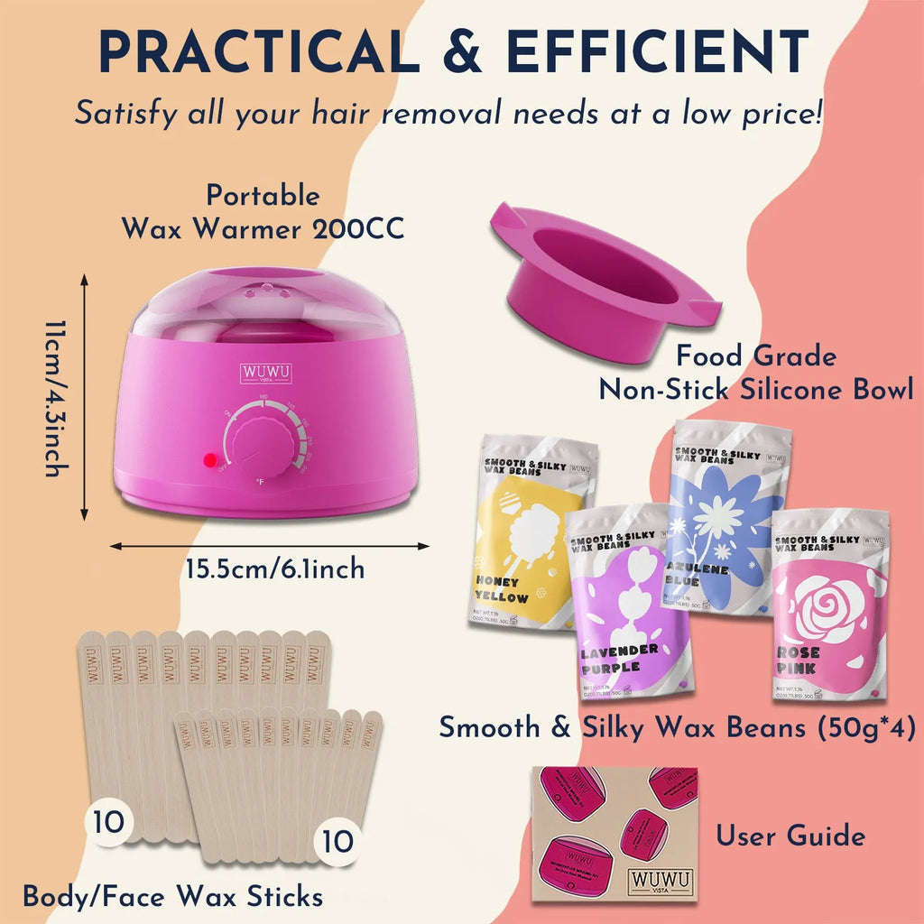 27-piece hair removal waxing kit showing electric heater, four coloured wax beads, wax sticks, and guidebook