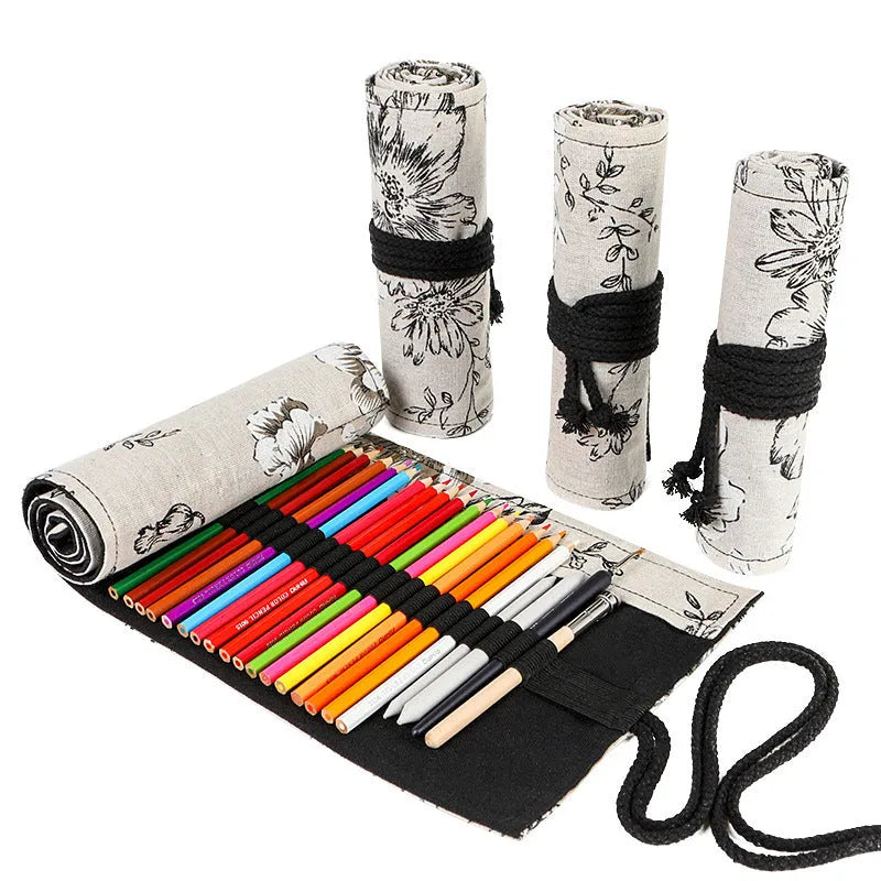 Black Peony printed canvas pencil roll bag unrolled showing 24 holes or 72 holes.