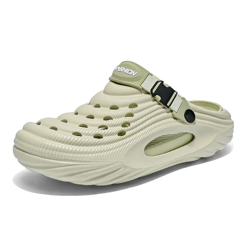 Men's solid colour platform slippers in light green, made from EVA with a hollow out design on the upper.