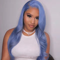 Body wave human hair lace front wig on a mannequin head, showing medium-long length.