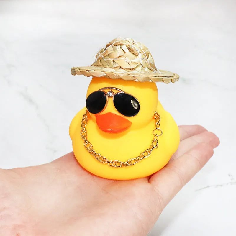 Yellow cartoon duck with straw hat car dashboard ornament with base glue and sunglasses necklace