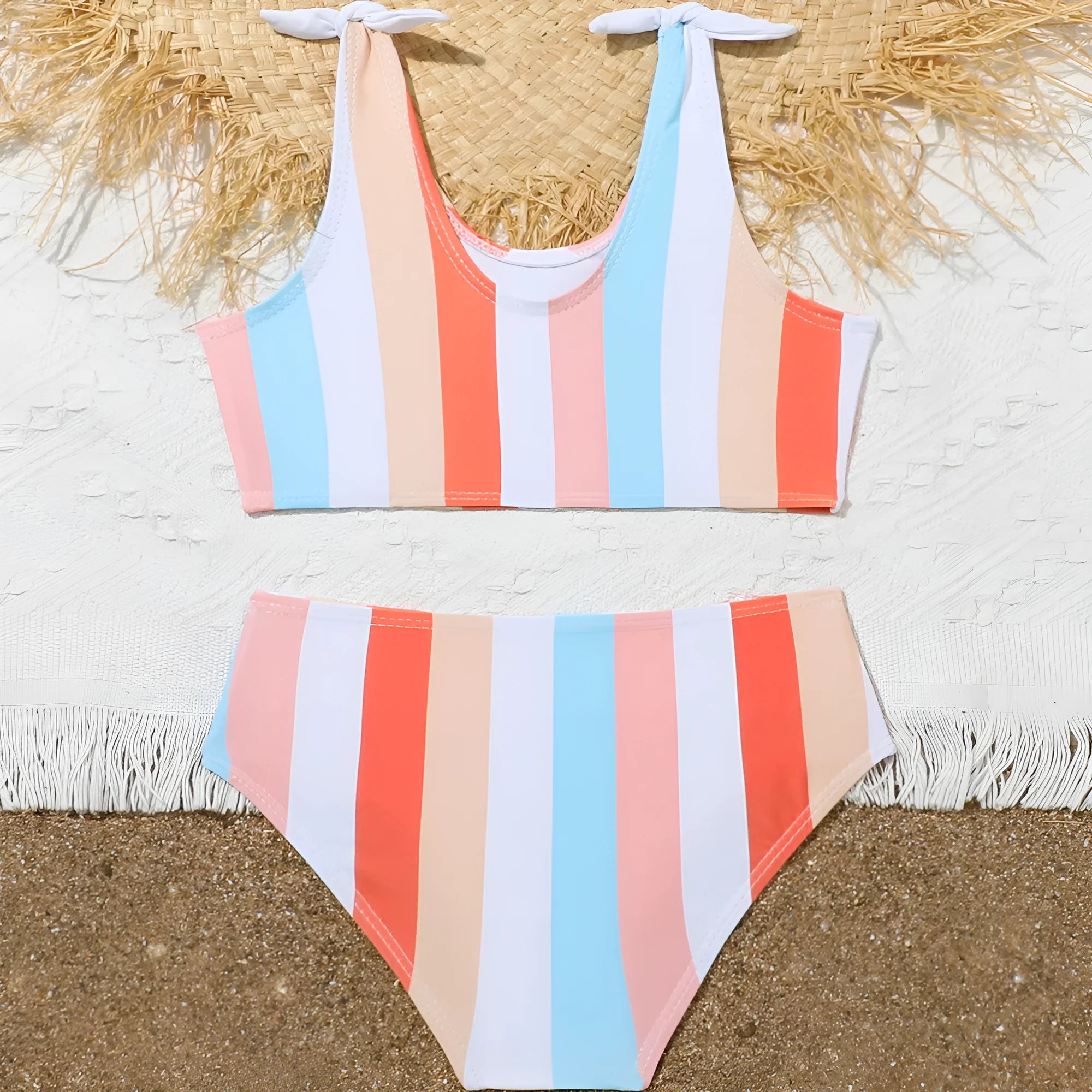 Girls' plaid print bikini brief swimsuit set for swimming, showing bra and panties