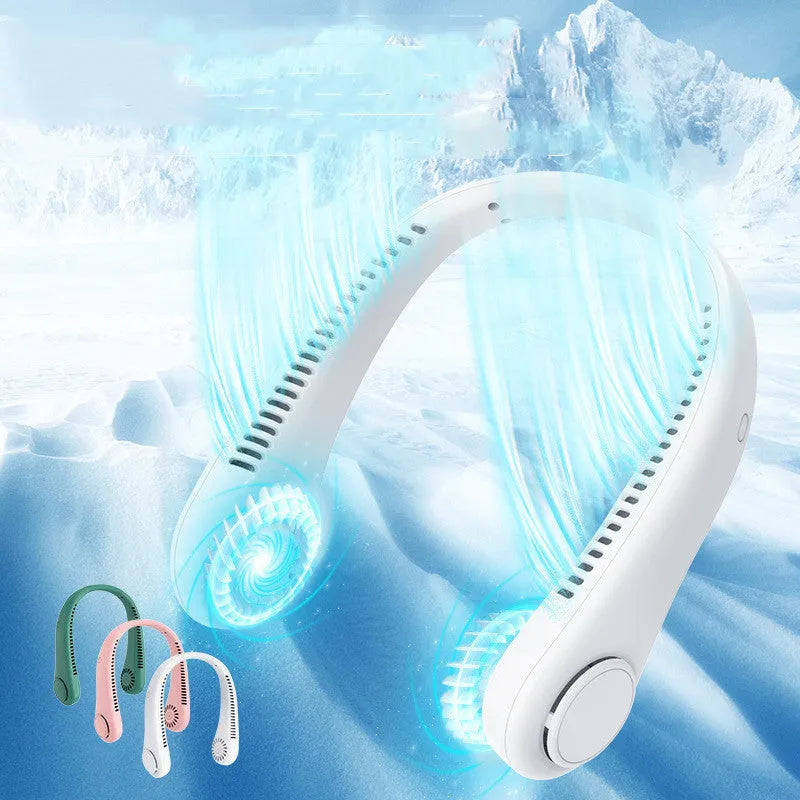 White bladeless neck fan hanging around neck showing hands-free portable cooling design