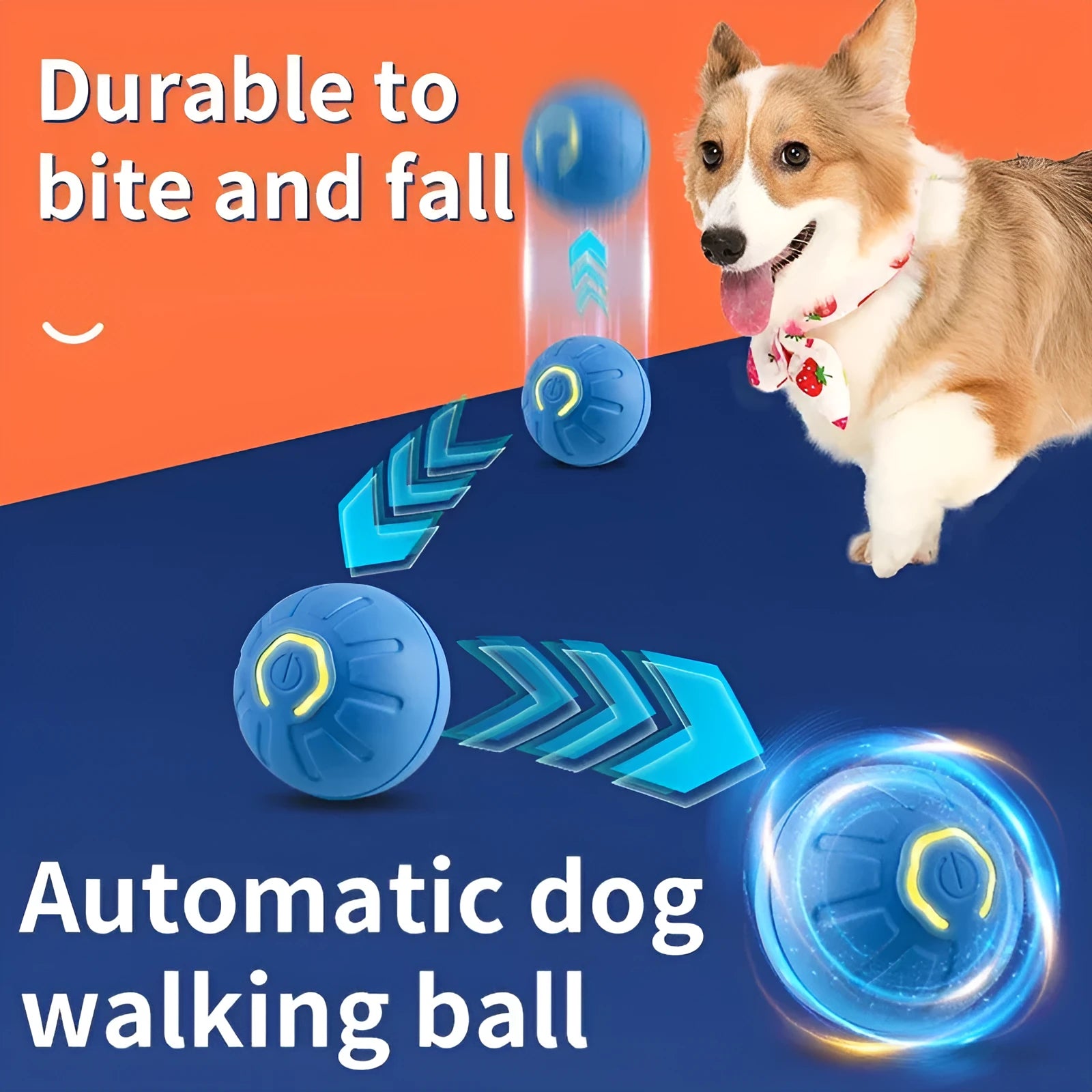 Smart interactive pet toy ball in blue, made from silicone and ABS, with USB charging port