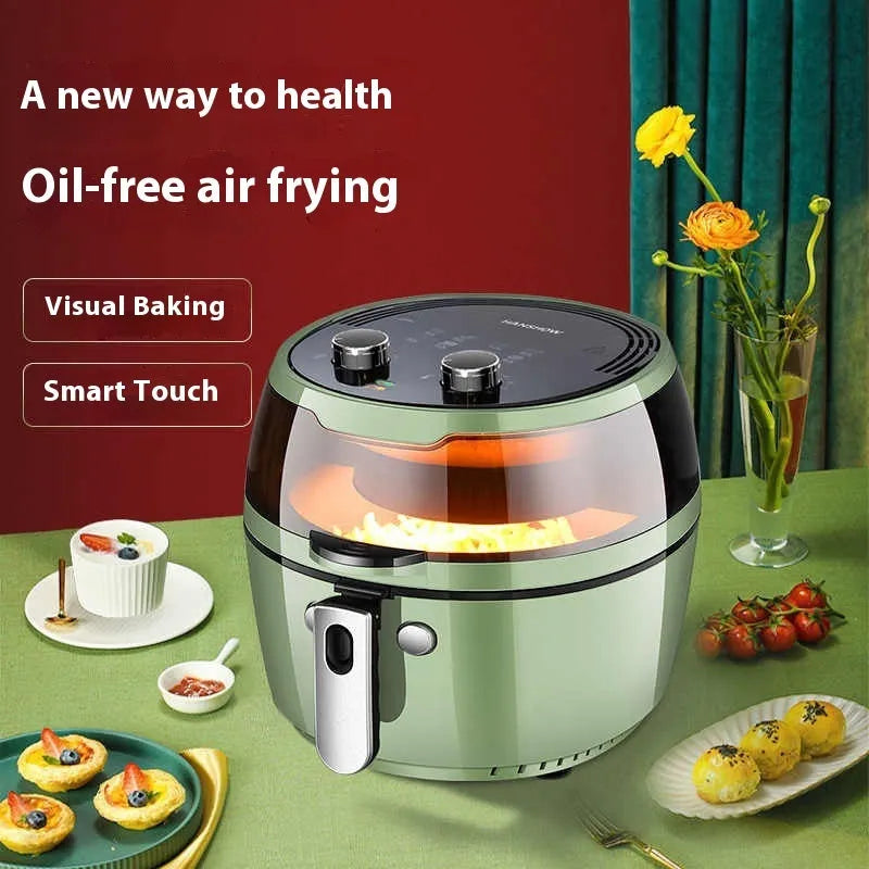 8-litre air fryer oven with mechanical buttons and a visible ceramic-coated cooking pot.