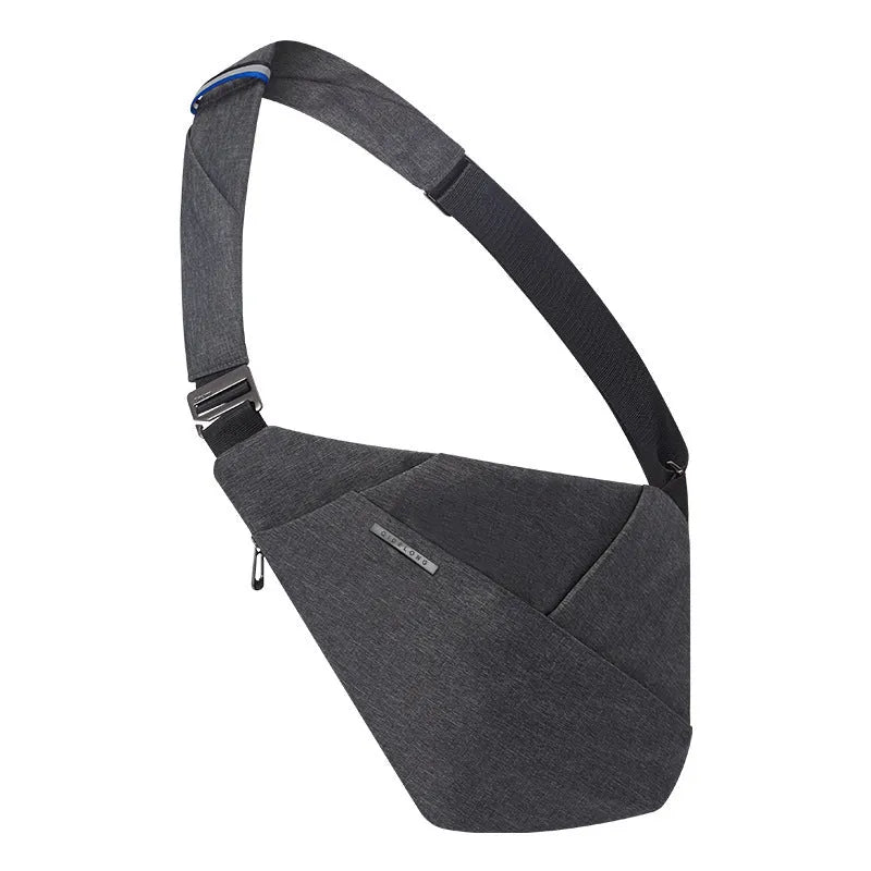 Dark grey right-shoulder polyester crossbody bag with anti-theft function, soft handle, file bag, and zipper pocket