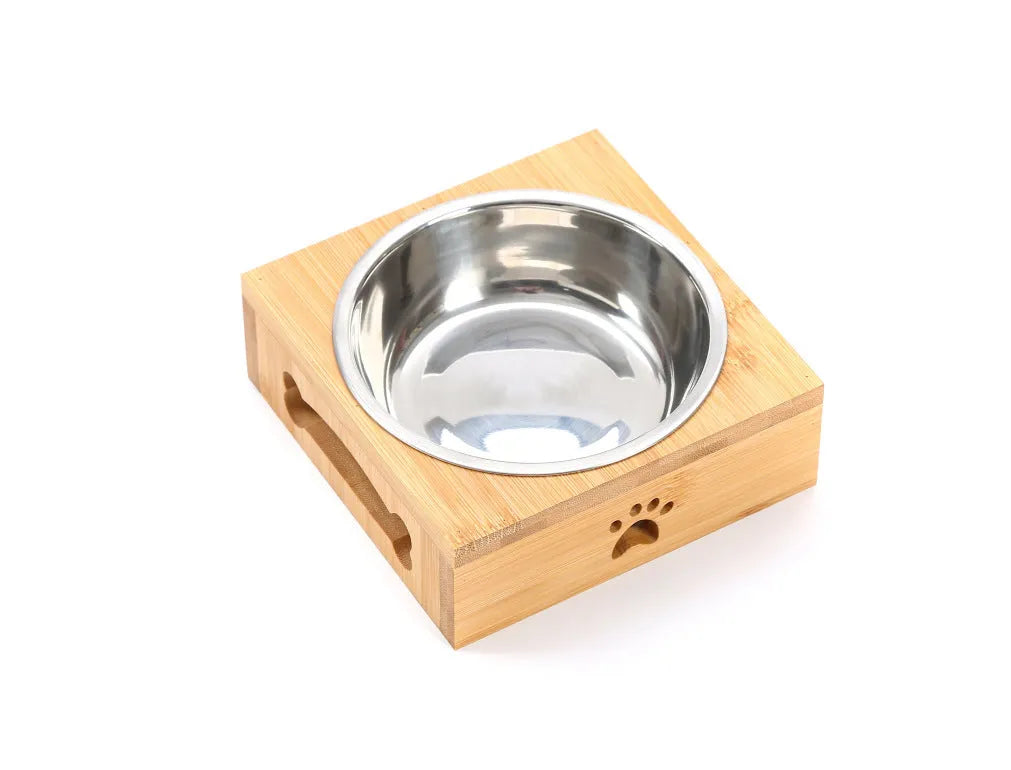 Solid wood pet dining table with stainless steel bowls in elevated design for dogs and cats