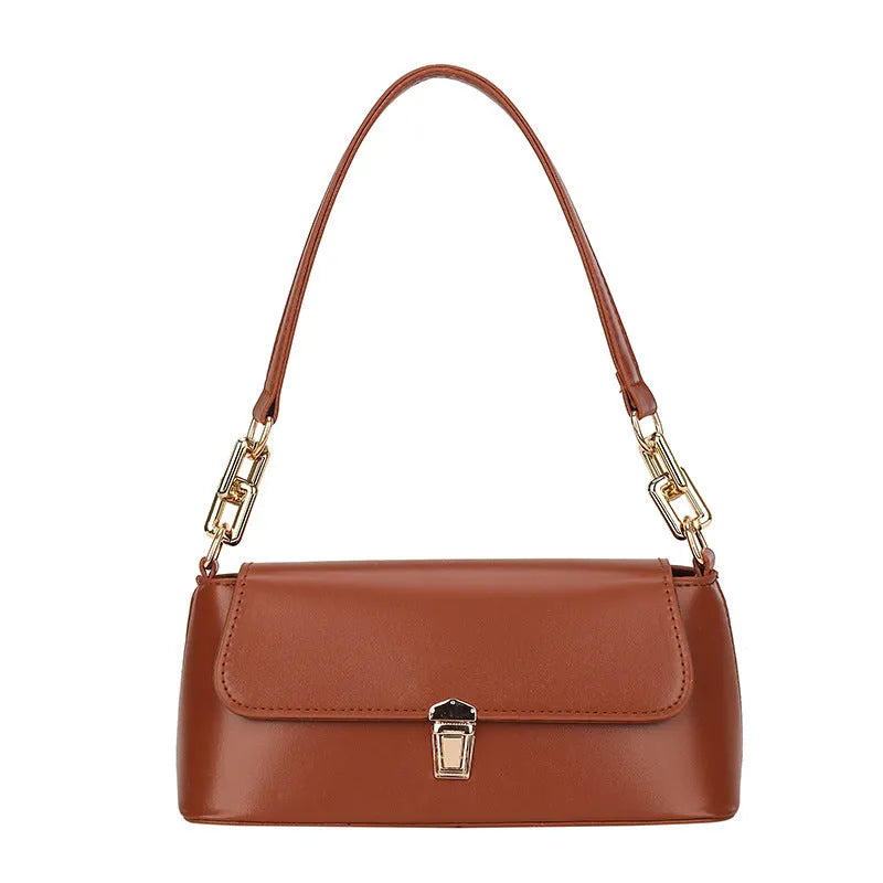 French casual shoulder bag in brown PU with chain strap and sandwich pocket design