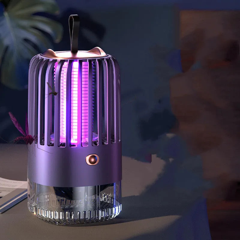 White and blue silent electric shock mosquito killer lamp with USB power and light wave attraction.