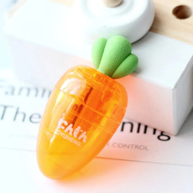 Orange plastic carrot cartoon pencil sharpener on a white background.