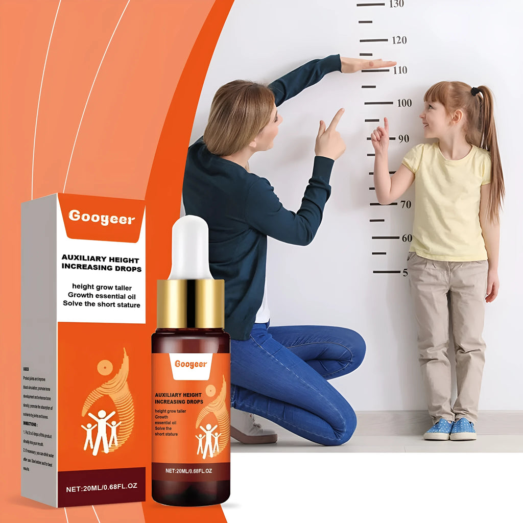 Googeer auxiliary height increasing drops bottle measuring 2.2cm by 9cm with 20ml capacity