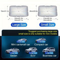 Foldable car windshield sunshade umbrella shown in open position against car windscreen