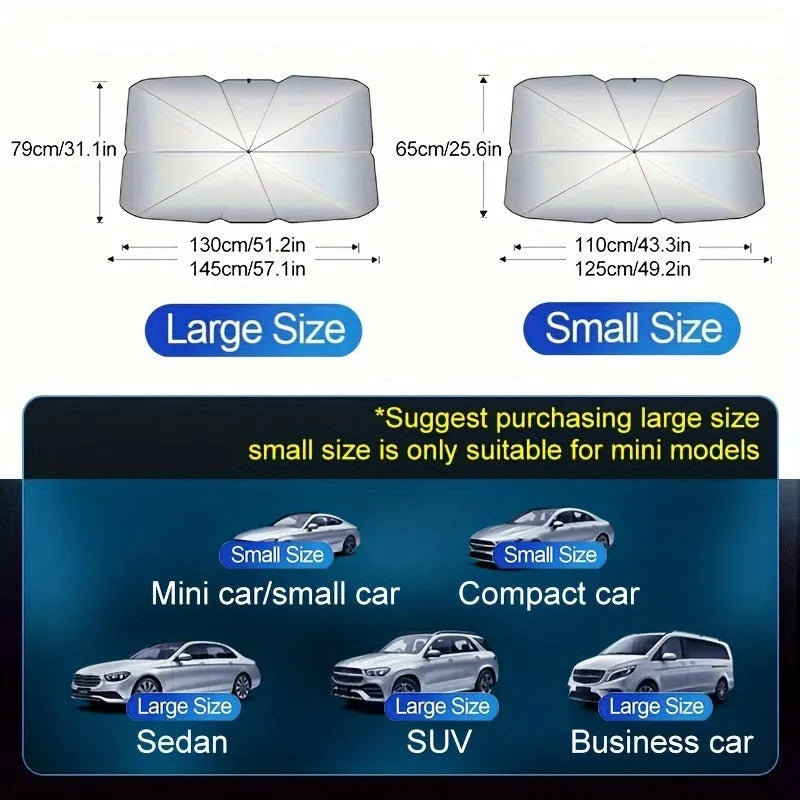 Foldable car windshield sunshade umbrella shown in open position against car windscreen