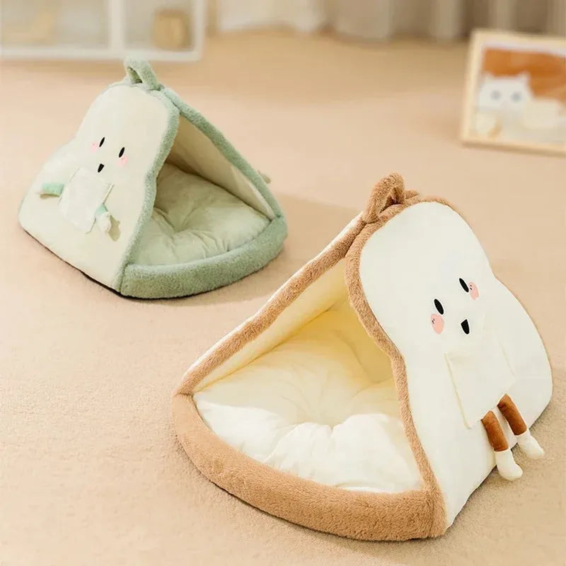 Green cat tent bed with fleece interior and mesh ventilation windows