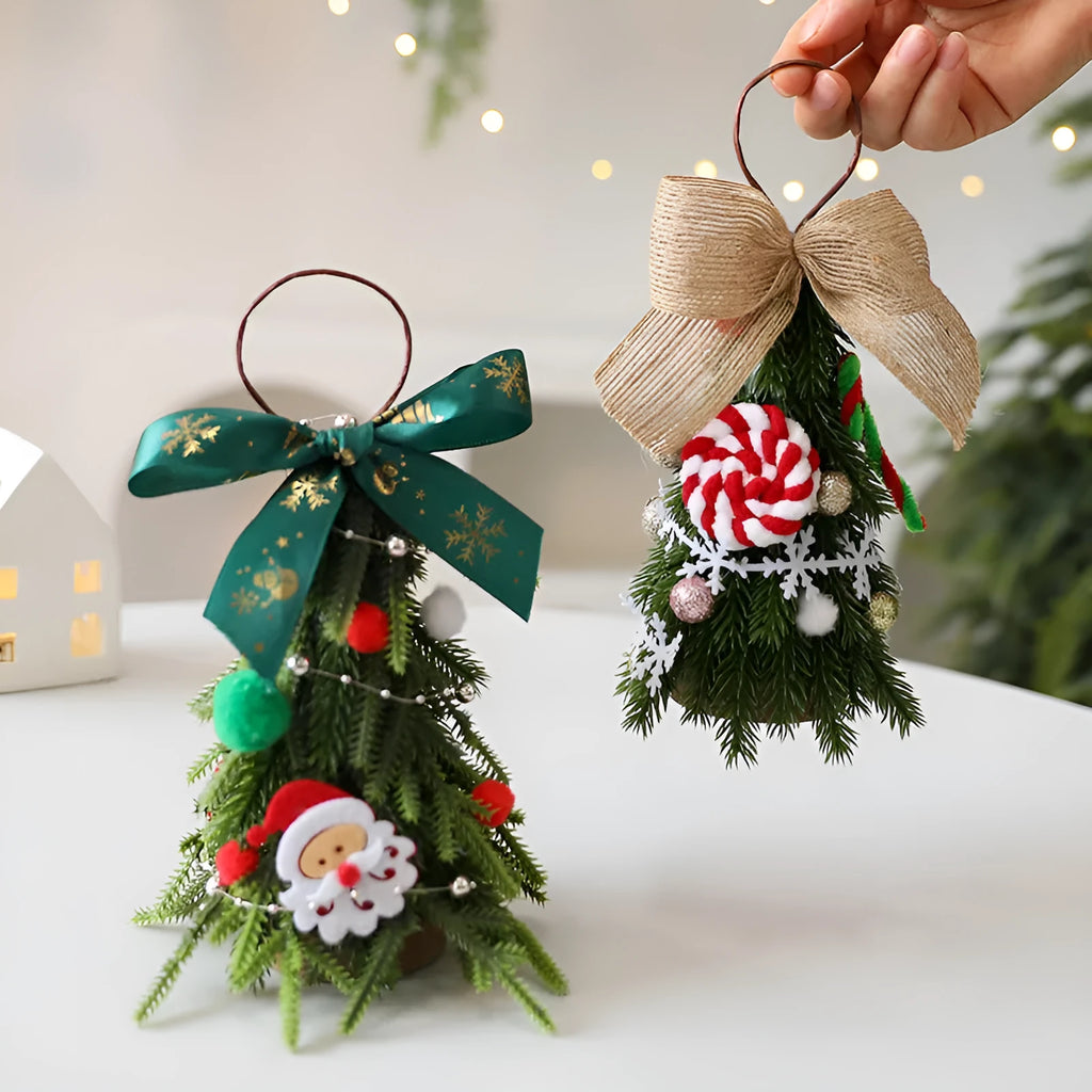 21cm PE foam mini Christmas tree ornament with red and white snowflake design, hanging on a tree branch
