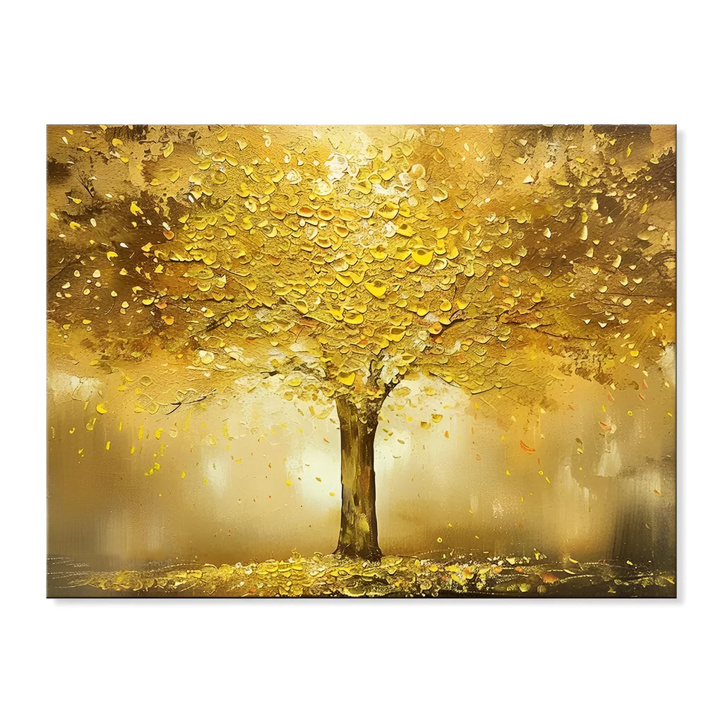 Handmade oil painting of a gold fortune tree on canvas, horizontal orientation, no frame, for living room decor