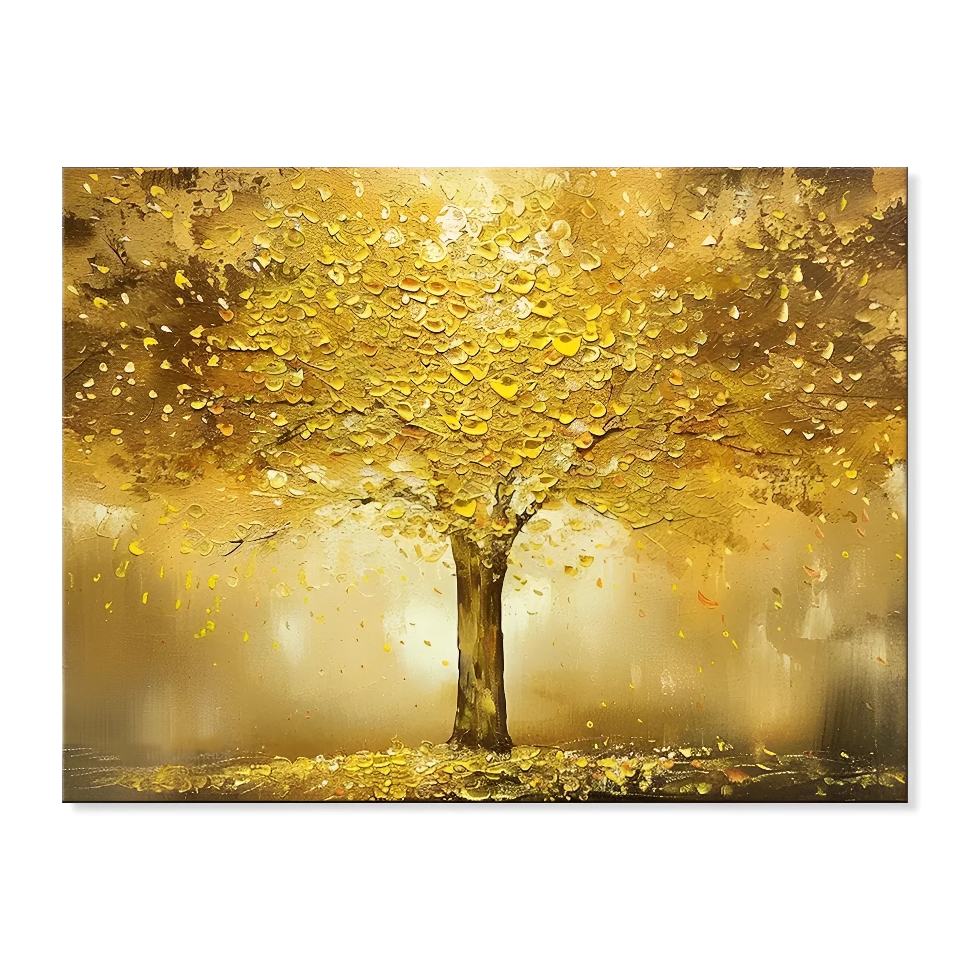 Handmade oil painting of a gold fortune tree on canvas, horizontal orientation, no frame, for living room decor