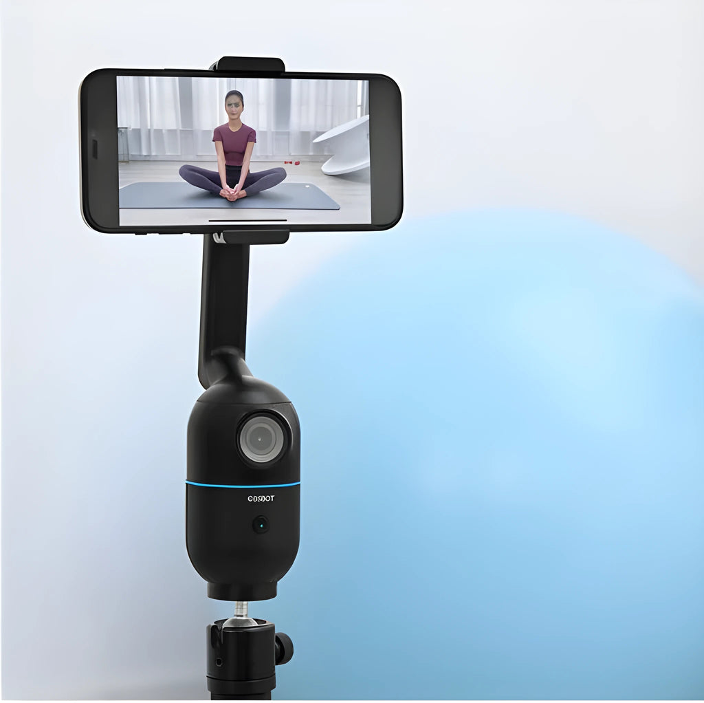 Black motorised mobile phone bracket on tripod with face tracking for live broadcasting