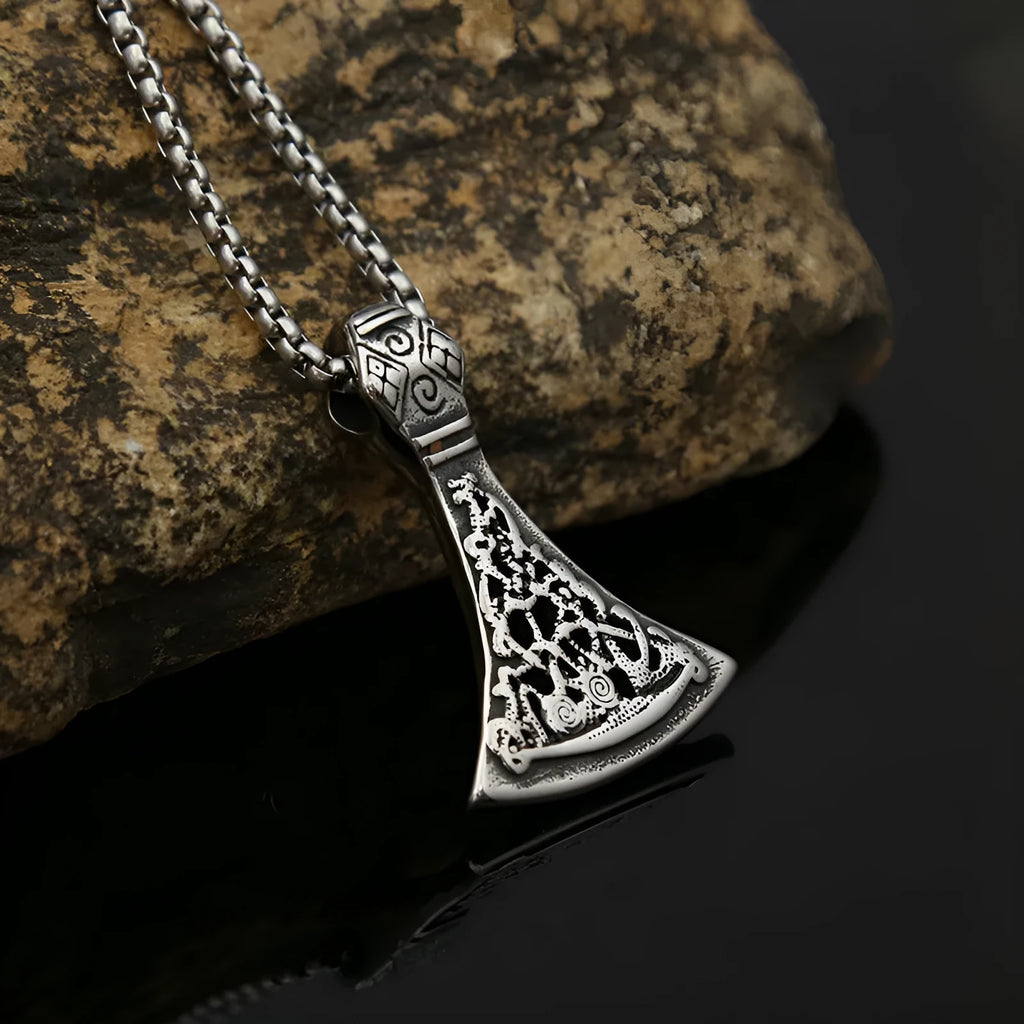 Retro men's high-end titanium steel axe pattern pendant necklace with O-link chain on white background